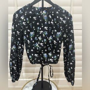 Maje Black Blouse with Blue and White Floral Pattern